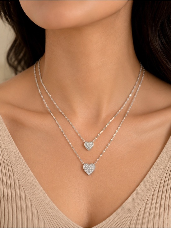 925 Sterling Silver Jewelry - Delicate 925 Sterling Silver Layered Heart Necklace